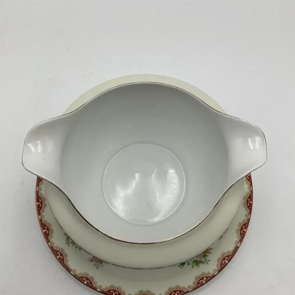 Vintage Rutland Pattern Porcelain Gravy Boat with Attached Under Plate‎
